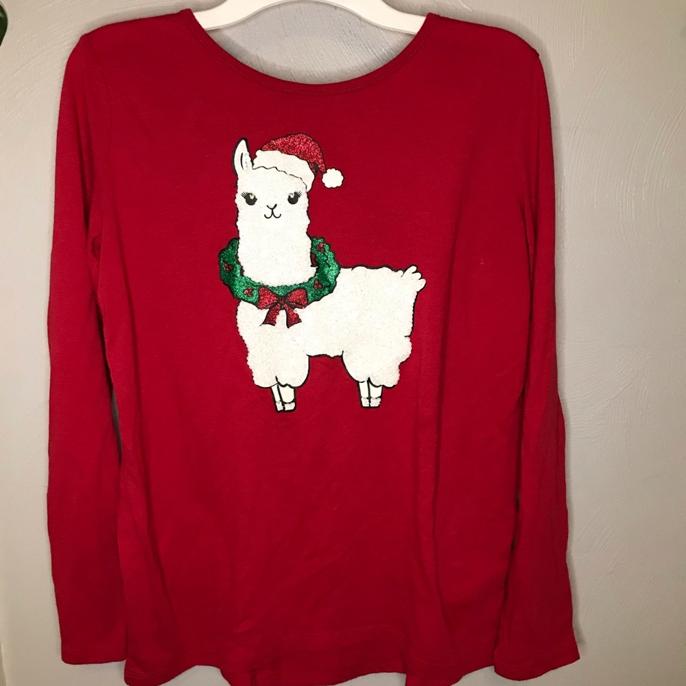 Cute red T-shirt with a white llama. Long sleeve